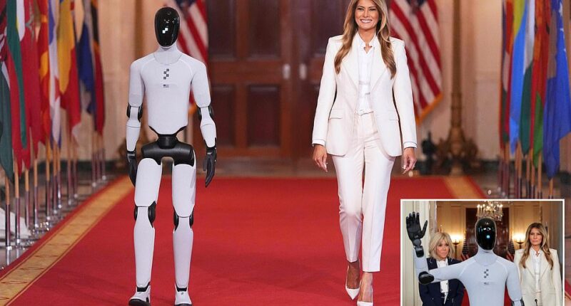 First Lady Melania Trump marked a futuristic first at the White House on Wednesday. She was introduced by a robot. The First Lady had gathered other first ladies and a first gentleman in the White House's East Room to discuss young people and technology. The event was part of her broader Fostering the Future Together initiative. After the other spouses arrived, it was time for Melania to make her dramatic entrance. To the uplifting music of John Williams' Flight to Neverland, the First Lady walked into the East Room alongside the white and black robot.
