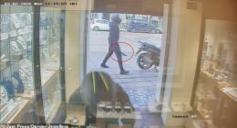 Dramatic footage shows two helmet-clad men pulling up outside the store on the High Street in Hoddesdon, Hertfordshire, on a motorbike at around 11:15am on Monday