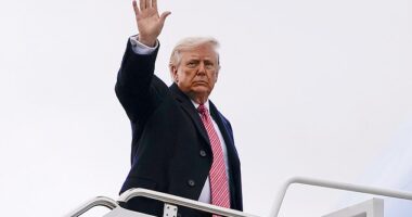 President Donald Trump waves to the press as he departs for Miami Friday afternoon. CENTCOM released figures Friday that said more than 300 American service members have been wounded thus far in Operation Epic Fury
