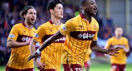 Premiership top scorer Maswanhise celebrates his goal from the penalty spot