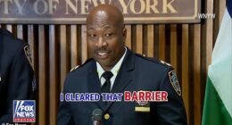 NYPD Chief Aaron Edwards, 46, addressed a photograph of him jumping a metal barrier in a daring effort to chase down one of the men accused of throwing a bomb at a protest