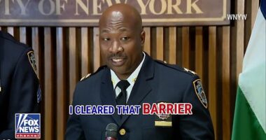 NYPD Chief Aaron Edwards, 46, addressed a photograph of him jumping a metal barrier in a daring effort to chase down one of the men accused of throwing a bomb at a protest