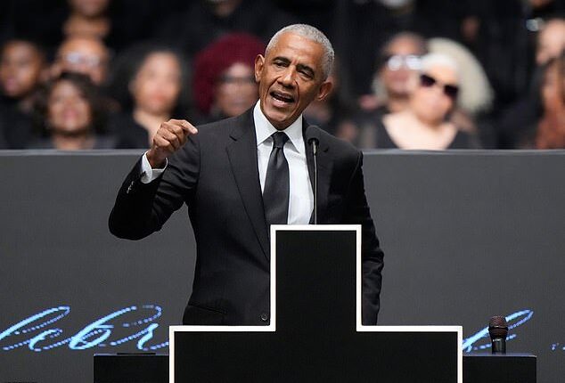Former President Barack Obama speaks during the Public Homegoing Service for the Rev. Jesse Jackson at the House of Hope in Chicago, Friday