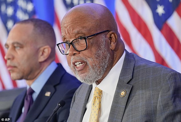 Bennie Thompson, right, speaks as House Minority Leader Hakeem Jeffries, left, listens during a hearing on the 5th anniversary of the January 6, 2021, riot at the U.S. Capitol, in Washington, Tuesday, January 6, 2026