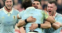 Ramos is hugged by Dupont after he won the Six Nations with last kick of the game for France against England