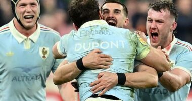 Ramos is hugged by Dupont after he won the Six Nations with last kick of the game for France against England