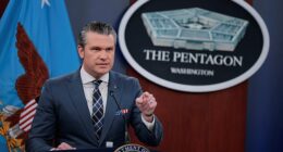 U.S. Secretary of Defense Pete Hegseth holds a briefing with Chairman of the Joint Chiefs of Staff General Dan Caine, amid the U.S.-Israeli war on Iran, at the Pentagon in Washington, D.C., U.S., March 19