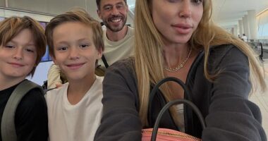 Petra Ecclestone became the latest celebrity to jet out of Dubai after the US-Israel war against Iran sparked chaos in the UAE (pictured with husband Sam Palmer and her twin sons)