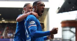 Derek Cornelius celebrates a goal for Rangers against Kilmarnock back in October