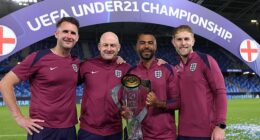 Ashley Cole and Lee Carsley, with goalkeeping coach Tim Dittmer (left) and senior performance analyst James Ryder (right), celebrate the U21 Euros win last summer