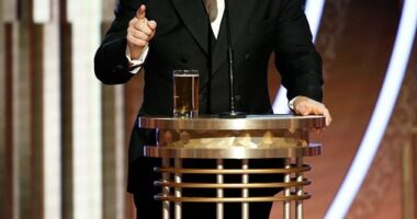 Ricky Gervais delivered a shock two-word response to fans who are wanting him to host the 2026 Oscars; seen hosting the Golden Globes in 2020