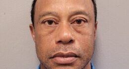 A humiliated Tiger Woods stares down the lens for his mugshot after being arrested for DUI