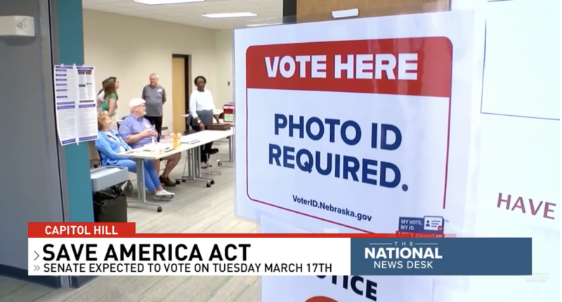 A sign at an election polling station to voters will need ID to vote.