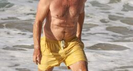 Simon Baker showed off his incredibly fit physique as he went for a swim at Bronte Beach on Wednesday