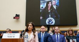 Noem¿s husband, Byron, could be seen sitting behind his wife with a deadpan expression as she faced continued grilling over her relationship with Lewandowski