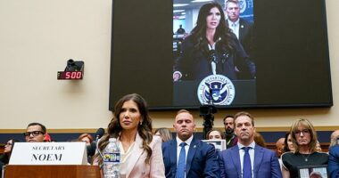 Noem¿s husband, Byron, could be seen sitting behind his wife with a deadpan expression as she faced continued grilling over her relationship with Lewandowski