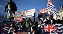 Chagossians, pictured, protesting against the proposed plan by the British government to hand over the islands to Mauritius in January