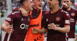 Oisin McEntee celebrates after scoring Hearts' winner against Dundee