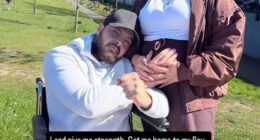 Jordan Brooks has revealed he is 'weak and unable to walk' as he posed in a wheelchair with pregnant girlfriend Sophie Kasaei on Instagram on Thursday