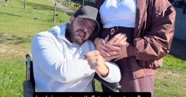 Jordan Brooks has revealed he is 'weak and unable to walk' as he posed in a wheelchair with pregnant girlfriend Sophie Kasaei on Instagram on Thursday