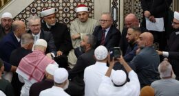 Tense moment Anthony Albanese is forced to leave mosque after being branded 'genocide supporter' as chants of 'Allahu Akbar' ring out