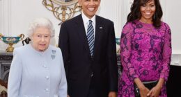 Queen Elizabeth (left) hosted President Barack Obama (center) and First Lady Michelle Obama (right) at Windsor Castle on April 22, 2016. During this meeting, according to Susan Page's upcoming book, the Queen asked Obama about the rise of Donald Trump