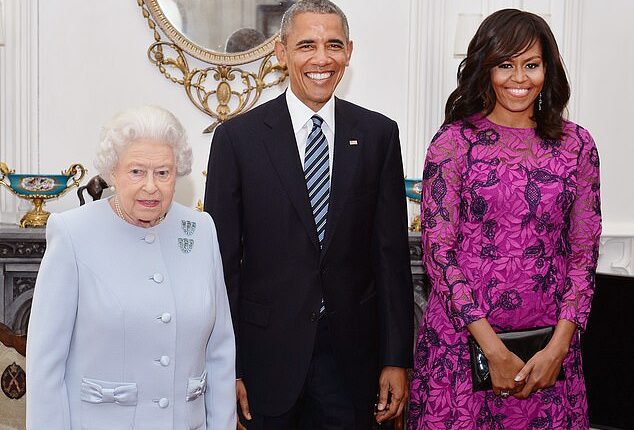 Queen Elizabeth (left) hosted President Barack Obama (center) and First Lady Michelle Obama (right) at Windsor Castle on April 22, 2016. During this meeting, according to Susan Page's upcoming book, the Queen asked Obama about the rise of Donald Trump