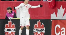 Celtic winger Sebastian Tounekti celebrates his goal for Tunisia against Haiti in Toronto