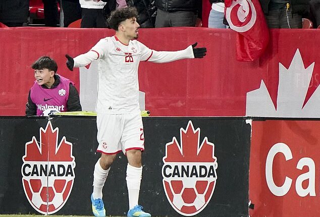Celtic winger Sebastian Tounekti celebrates his goal for Tunisia against Haiti in Toronto
