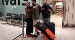 One British couple has now told of the chaos of boarding one of the handful of UK-bound flights that has been able to depart the region since Monday. Pictured: Nina Luminati, back, and her partner Lee Smart, second left, return to London from Dubai, greeted by Ms Luminati's parents Sue, left, and Terry Luminati, second right