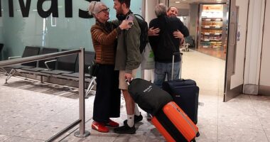 One British couple has now told of the chaos of boarding one of the handful of UK-bound flights that has been able to depart the region since Monday. Pictured: Nina Luminati, back, and her partner Lee Smart, second left, return to London from Dubai, greeted by Ms Luminati's parents Sue, left, and Terry Luminati, second right