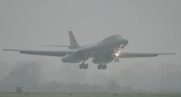 Three US Air Force B-1 Lancer bombers have been pictured touching down at RAF Fairford in Gloucestershire today
