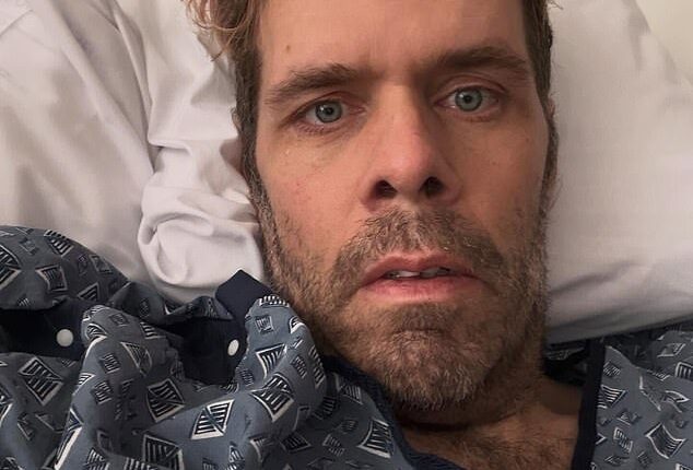 Perez Hilton said earlier this week that taking medication without food led him to develop an ulcer, which later turned into sepsis. He is pictured in the hospital