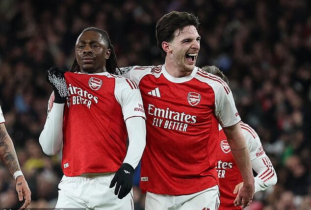 Declan Rice congratulates Eberechi Eze on his wonder strike on Tuesday night