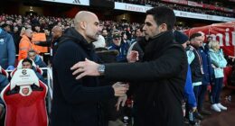 Former colleagues Pep Guardiola (left) and Mikel Arteta will reunite at the Carabao Cup final on Sunday, with Arteta's Arsenal nine points clear at the top of the Premier League
