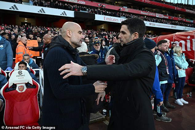 Former colleagues Pep Guardiola (left) and Mikel Arteta will reunite at the Carabao Cup final on Sunday, with Arteta's Arsenal nine points clear at the top of the Premier League