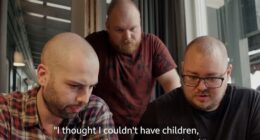 A trans man has laid bare the emotional journey of becoming pregnant and raising a baby with his two gay partners. Pictured right, Kris, who became pregnant. Left, his partner David, and centre, his partner Sindre