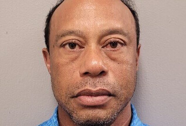 A humiliated Tiger Woods stares down the lens for his mugshot after being arrested for DUI.