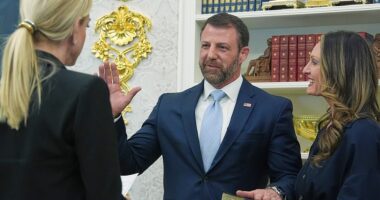 Incoming Department of Homeland Security Secretary Markwayne Mullin appeared surprised when Donald Trump admitted he did not know the former Oklahoma Senator is Native American. During Mullin's swearing-in ceremony in the Oval Office on Tuesday to replace fired Kristi Noem, Trump began reading off the new DHS boss' bio before stumbling across a surprise. 'But as the only Native American... I didn't know that,' Trump said before glancing at Mullin. 'I can tell you, he's the only Native American in the Senate. How many have been there before you, do you know?' Trump asked. The new DHS Secretary quickly answered: 'I think three. I didn't know all these things. I would have picked him faster. If I had known, I would have made a quicker decision,' the President joked.