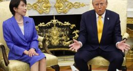 President Donald Trump (right) speaks alongside Japanese Prime Minister Sanae Takaichi (left) from the Oval Office on Thursday. Trump said that he wouldn't be sending US troops to the Middle East in a catty response to a reporter
