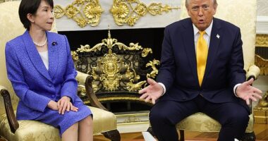 President Donald Trump (right) speaks alongside Japanese Prime Minister Sanae Takaichi (left) from the Oval Office on Thursday. Trump said that he wouldn't be sending US troops to the Middle East in a catty response to a reporter
