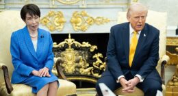 President Donald Trump (right) made a quip about Pearl Harbor on Thursday during a meeting with Japanese Prime Minister Takeuchi Sanae (left)