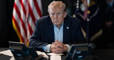 President Trump pictured while overseeing the US bombing campaign on Iran's Islamic Revolutionary Guard Corps