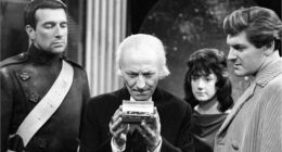 Nicholas Courtney as Bret Vyon, William Hartnell as The Doctor, Adrienne Hill as Katriana and Peter Purves as Steven in Doctor Who episode The Devil's Planet