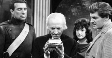 Nicholas Courtney as Bret Vyon, William Hartnell as The Doctor, Adrienne Hill as Katriana and Peter Purves as Steven in Doctor Who episode The Devil's Planet