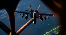 A United States Air Force refueling plane has gone down in Iraq during the US-Israel conflict with Iran. Pictured: A US Air Force KC-135 Stratotanker refuels a Navy Super Hornet during Operation Epic Fury earlier Thursday