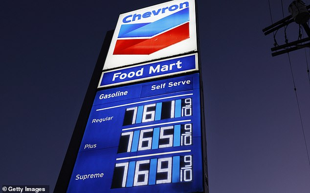 High gas prices are displayed at a downtown Chevron station in Los Angeles, California