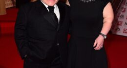 Warwick Davies with his wife Samantha Davis arriving for the 2015 National Television Awards at the O2 Arena, London