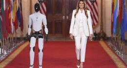 First Lady Melania Trump (right) made a grand entrance at her Fostering the Future Together White House event Wednesday, alongside Figure 3 (left), a humanoid robot made in the United States