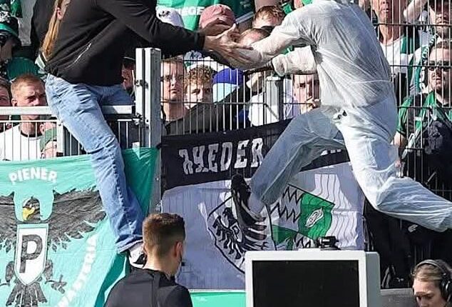 TV footage showed a person in white overalls and a ski mask in Munster green climbing back into the home fans' stand